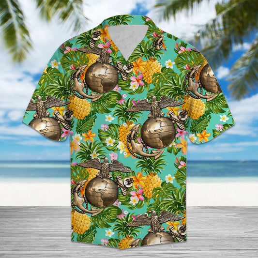 Enticing Tropical Pineapple Marine Corps Pattern Hawaiian Shirt,Hawaiian Shirt Gift, Christmas Gift