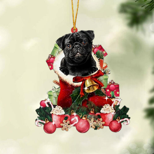 BLACK Pug-Red Boot Hanging Christmas Plastic Hanging Ornament, Christmas Ornament Gift, Christmas Gift, Christmas Decoration