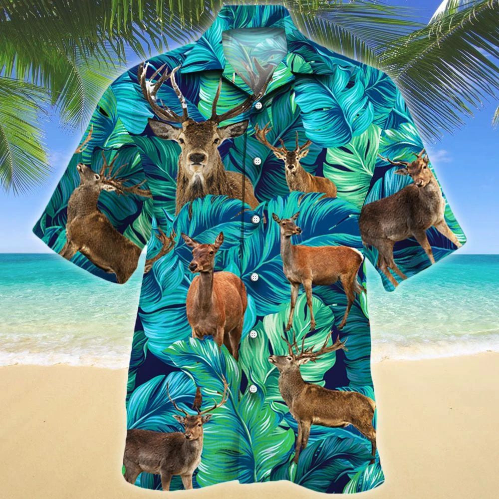 Appealing Watercolor Tropical Leaves Deer Lovers Design Hawaiian Shirt, Hawaiian Shirt Gift, Christmas Gift