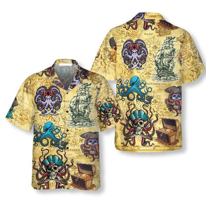 Octopus Pirate Hand Drawn Ship Pattern Vintage Hawaiian Shirt, Hawaiian Shirt Gift, Christmas Gift