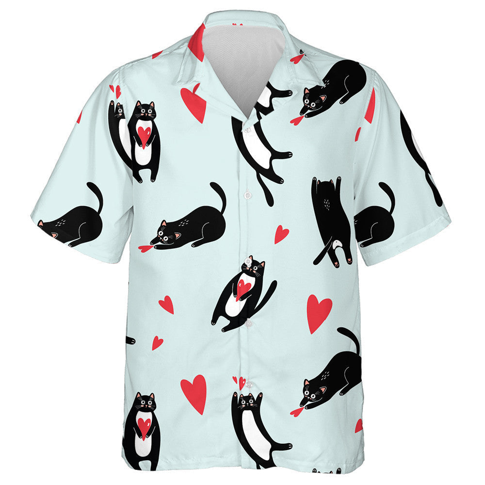 Black Domestic Cats And Hearts On A Blue Background Hawaiian Shirt, Hawaiian Shirt Gift, Christmas Gift