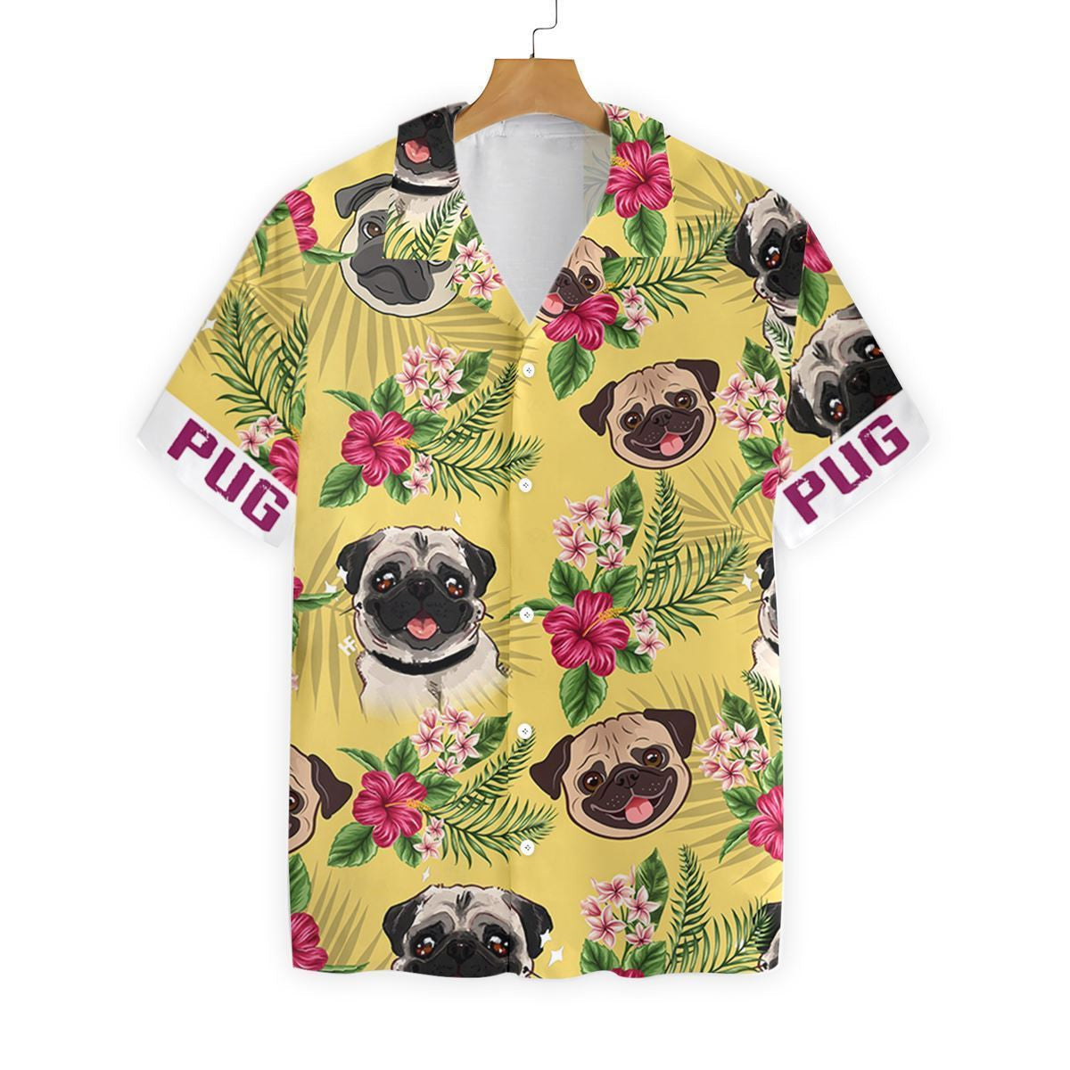 Cute Pug On Yellow Background Design Hawaiian Shirt,Hawaiian Shirt Gift, Christmas Gift