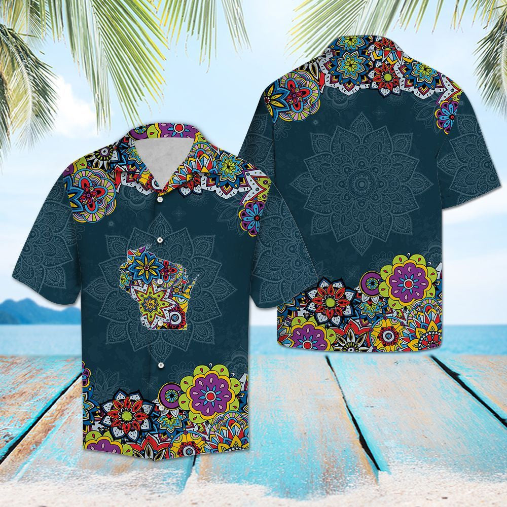 Blue Background Wisconsin Mandala Flower Patchwork Pattern Hawaiian Shirt, Hawaiian Shirt Gift, Christmas Gift