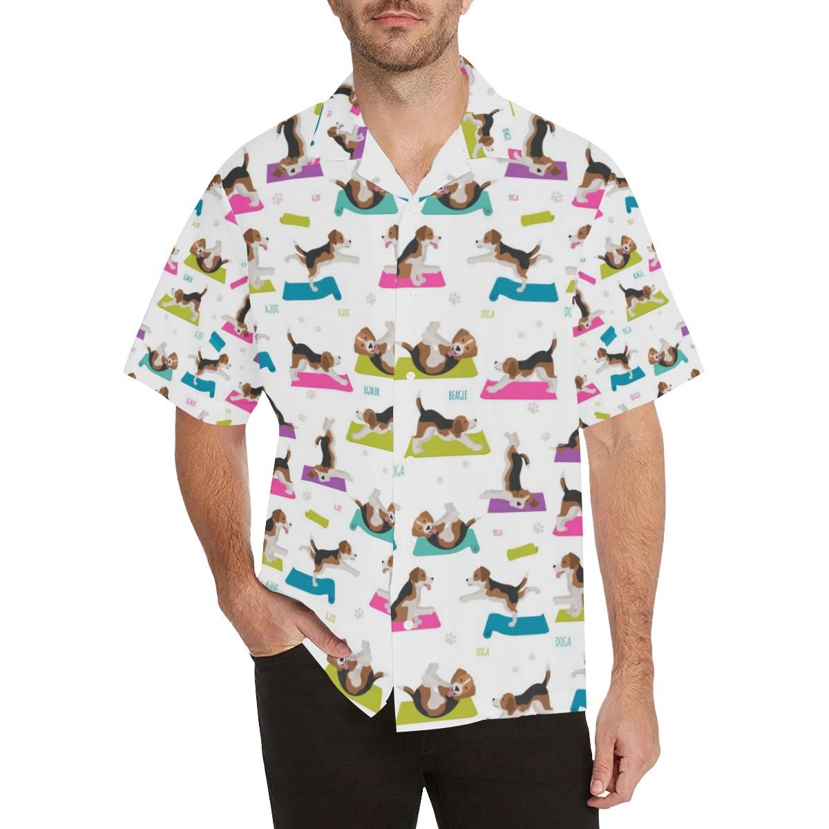 Beagle Yoga Pattern Men'S All Over Print Hawaiian Aloha Shirt Hawaiian Shorts Beach Short Sleeve,Hawaiian Shirt Gift, Christmas Gift