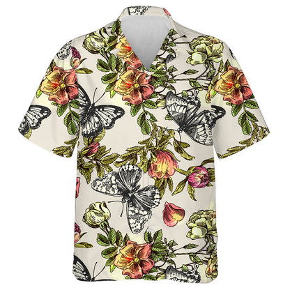 Hand Drawn Of Butterflies And Flowers Boho Style Hawaiian Shirt, Hawaiian Shirt Gift, Christmas Gift