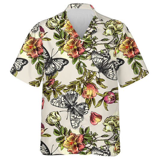 Hand Drawn Of Butterflies And Flowers Boho Style Hawaiian Shirt, Hawaiian Shirt Gift, Christmas Gift