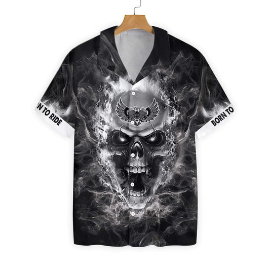 Motorcycle Road King Scary Skull Pattern Black Background Hawaiian Shirt, Hawaiian Shirt Gift, Christmas Gift