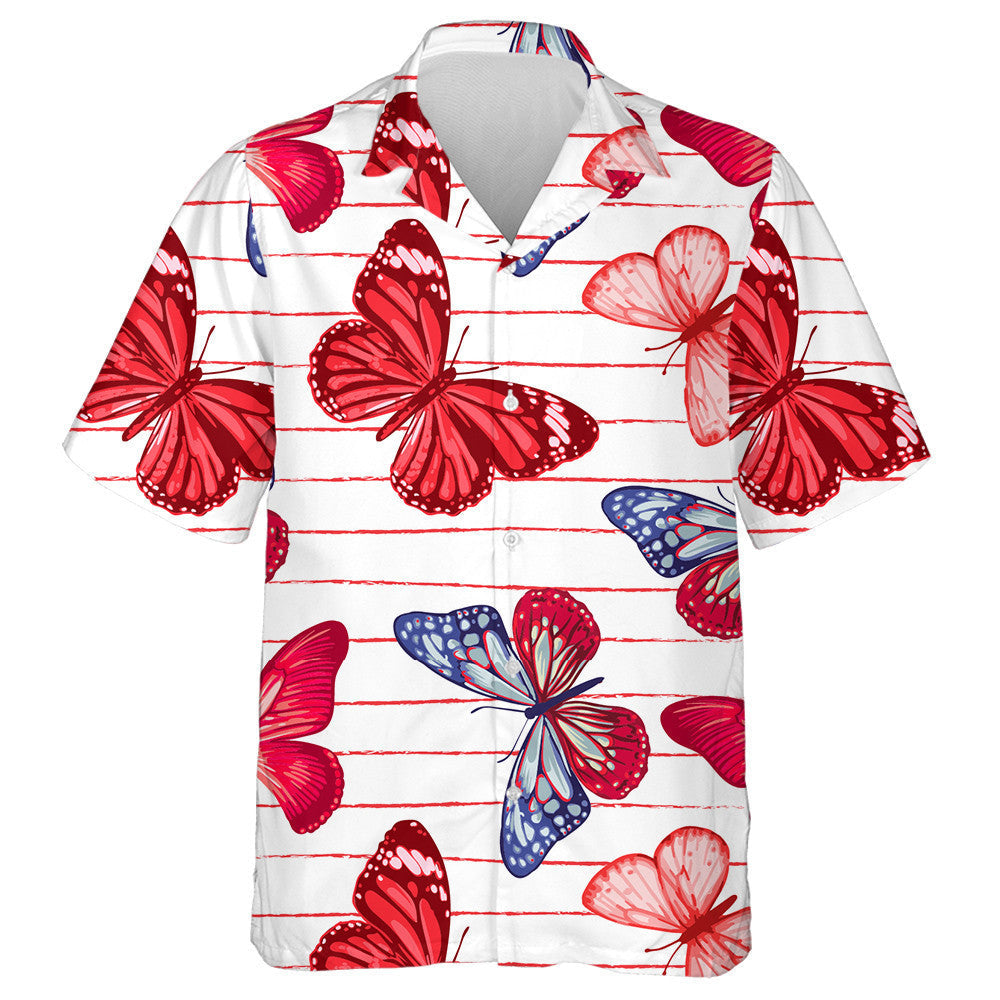 Theme Red And Blue Butterflies On A Red Strip Hawaiian Shirt, Hawaiian Shirt Gift, Christmas Gift