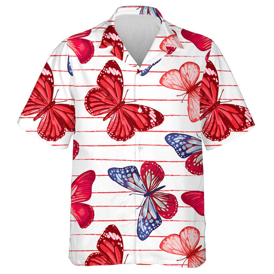 Theme Red And Blue Butterflies On A Red Strip Hawaiian Shirt, Hawaiian Shirt Gift, Christmas Gift