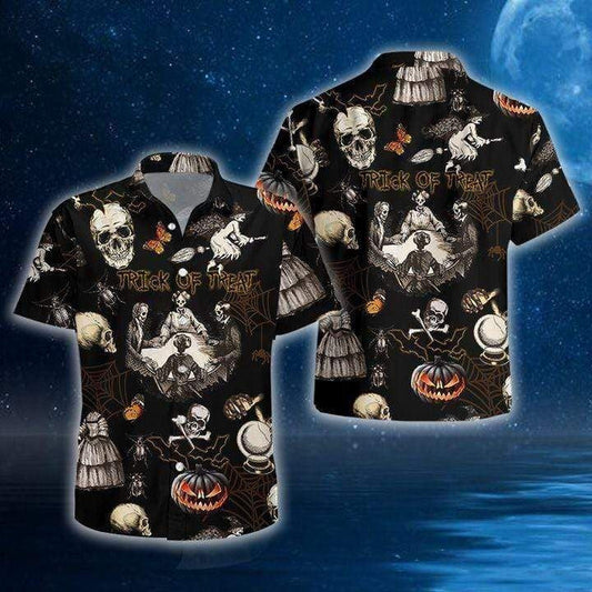 Black Halloween Trick Or Treat Skull Background Hawaiian Shirt, Hawaiian Shirt Gift, Christmas Gift