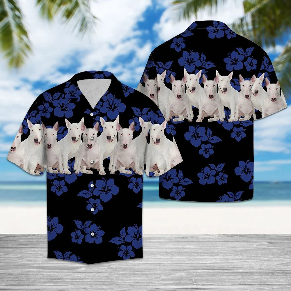 Awesome Bull Terrier Tropical Hibiscus On Black Pattern Hawaiian Shirt, Hawaiian Shirt Gift, Christmas Gift