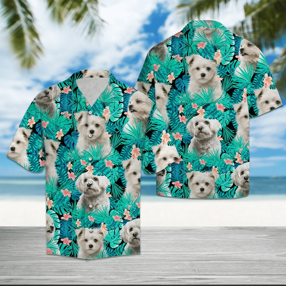 Maltese Behind Tropical Leave Pattern Hawaiian Shirt,Hawaiian Shirt Gift, Christmas Gift