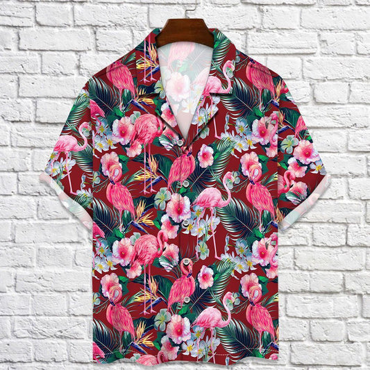 Flamingo Rain Forest Jungle Red Palm Leaves Pattern Hawaiian Shirt, Hawaiian Shirt Gift, Christmas Gift