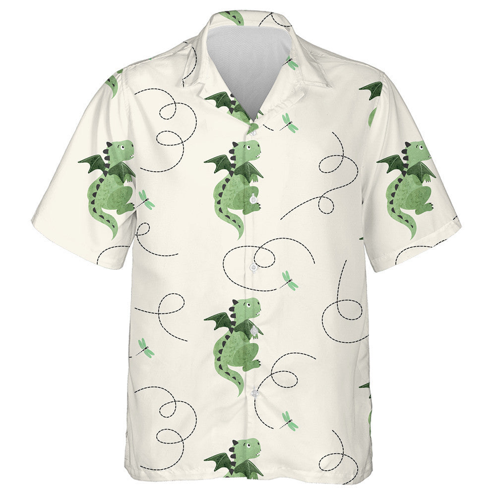 Little Cartoon Green Dragon And Dragonfly Hawaiian Shirt, Hawaiian For Gift