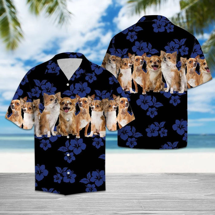 Blue Hibiscus With Chihuahua Dogs Hawaiian Shirt, Hawaiian For Gift