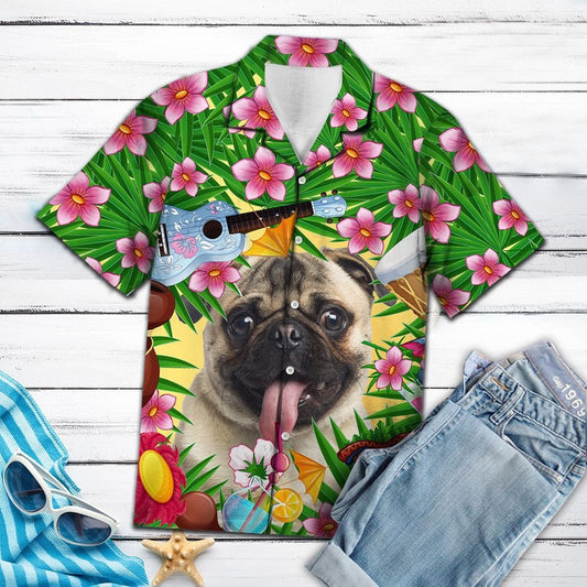 Tongue Out Pug Summer Party Tropical Plants Pattern Hawaiian Shirt, Hawaiian Shirt Gift, Christmas Gift