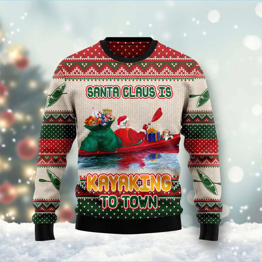 Santa Claus Is Kayaking To Town Ugly Christmas Sweater unisex womens & mens, couples matching, friends, funny family sweater gifts (plus size available), Christmas Gift,Gift Christmas 2024