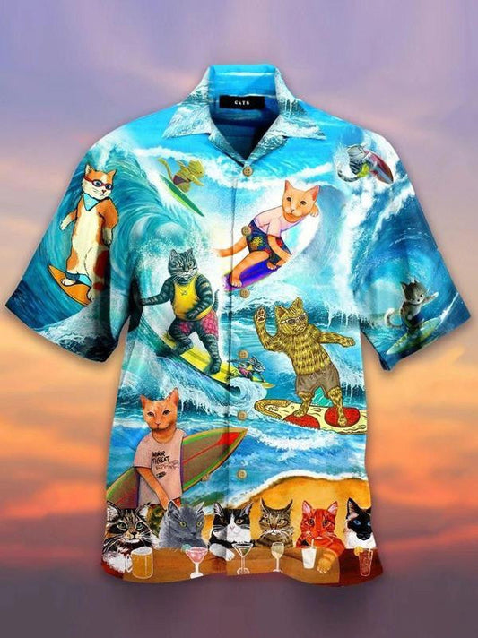 Cat Surfing On Beach Pattern Hawaiian Shirt, Hawaiian Shirt Gift, Christmas Gift