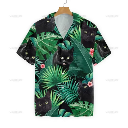 For Men And Women, Black Cat Tropical Green Leafs Hawaiian Shirt  Crazy Funny Hawaiian Shirt  Vintage Hawaiian Shirt, Hawaiian Shirt Gift, Christmas Gift