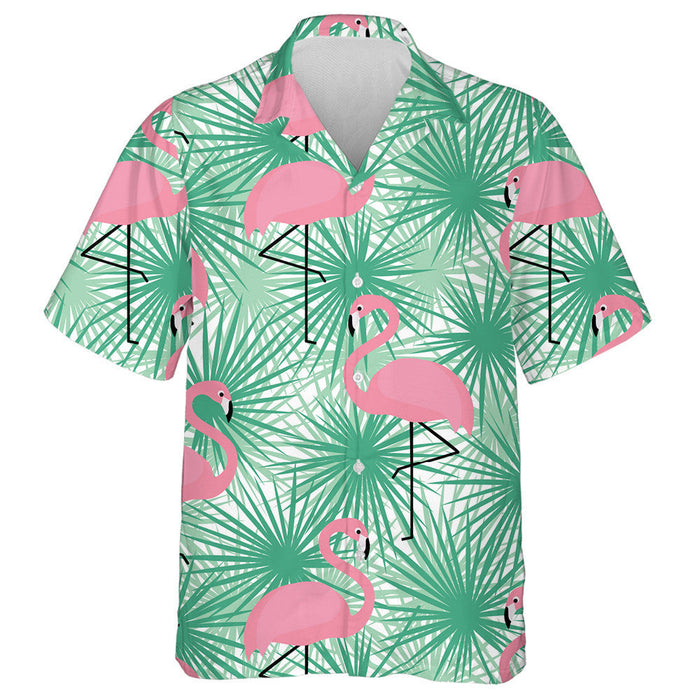 Pink Flamingo On Green Tropical Palm Hawaiian Shirt,Hawaiian Shirt Gift, Christmas Gift