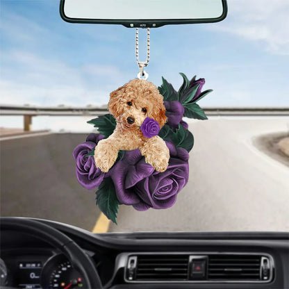 Poodle In Purple Rose Car Hanging Ornament, Ornament Car For Pet Lovers, Christmas Decoration
