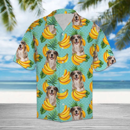 Tropical Banana Australian Shepherd Mix Turquoise Vintage Style Hawaiian Shirt, Hawaiian Shirt Gift, Christmas Gift