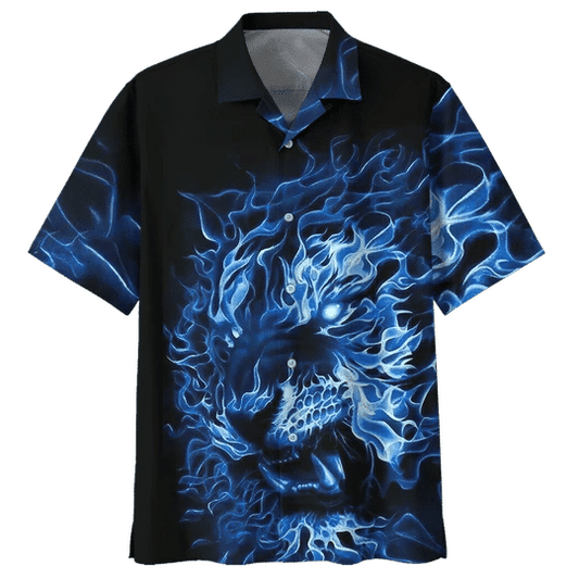 Blue Fire Lion Background Design Hawaiian Shirt, Hawaiian For Gift