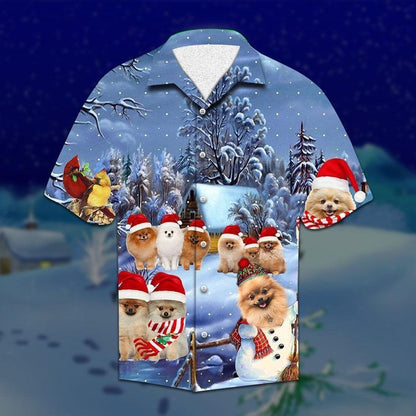 Funny Pomeranian Playing Outside On Christmas Hawaiian Shirt,Hawaiian Shirt Gift, Christmas Gift