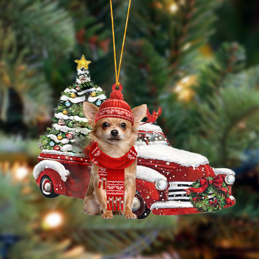 Chihuahua-Christmas Car Two Sided Christmas Plastic Hanging Ornament, Happy Christmas Ornament, Christmas Gift, Christmas Decoration