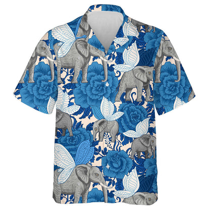 Blue Flowers And Flying Elephants With Butterfly Wings Hawaiian Shirt, Hawaiian Shirt Gift, Christmas Gift