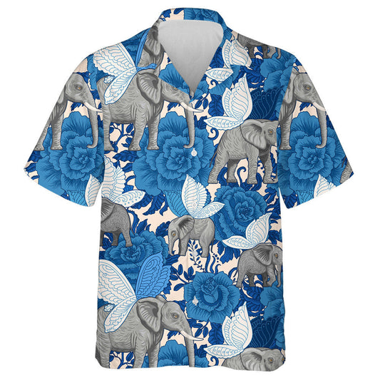 Blue Flowers And Flying Elephants With Butterfly Wings Hawaiian Shirt, Hawaiian Shirt Gift, Christmas Gift