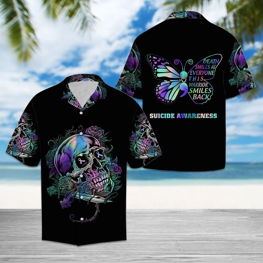 Suicide Prevention Awareness Butterfly And Skull On Black Pattern Hawaiian Shirt, Hawaiian Shirt Gift, Christmas Gift