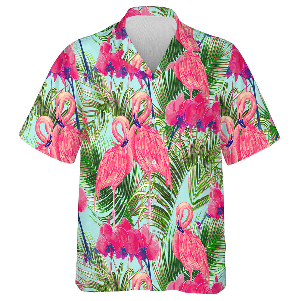 Tropical Palm Leaves And Orchid With Couple Flamingo Hawaiian Shirt, Hawaiian Shirt Gift, Christmas Gift
