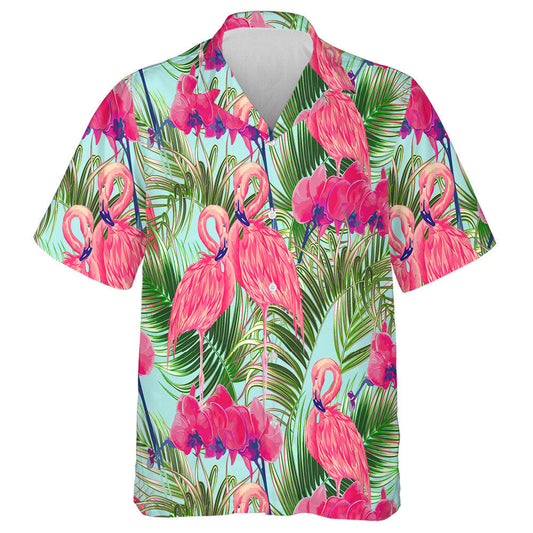 Tropical Palm Leaves And Orchid With Couple Flamingo Hawaiian Shirt, Hawaiian Shirt Gift, Christmas Gift