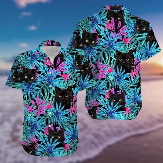 Tropical Black Cat And Blue Leaf Background Hawaiian Shirt, Hawaiian Shirt Gift, Christmas Gift