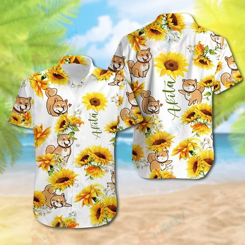 Akita Sunflower Hawaiian Shirt, Hawaiian Shirt Gift, Christmas Gift