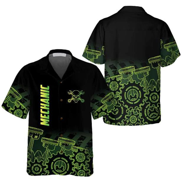 Green Steampunk Gear Mechanic Themed Black Green Design Hawaiian Shirt, Hawaiian Shirt Gift, Christmas Gift