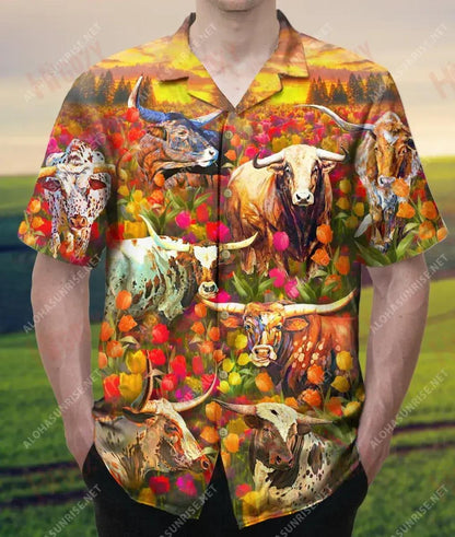 Texas Longhorn In Tulip Field Unisex Hawaiian Shirt Summer Short Sleeve Best Hawaiian Shirts Funny Hawaiian Shirts, Hawaiian Shirt Gift, Christmas Gift
