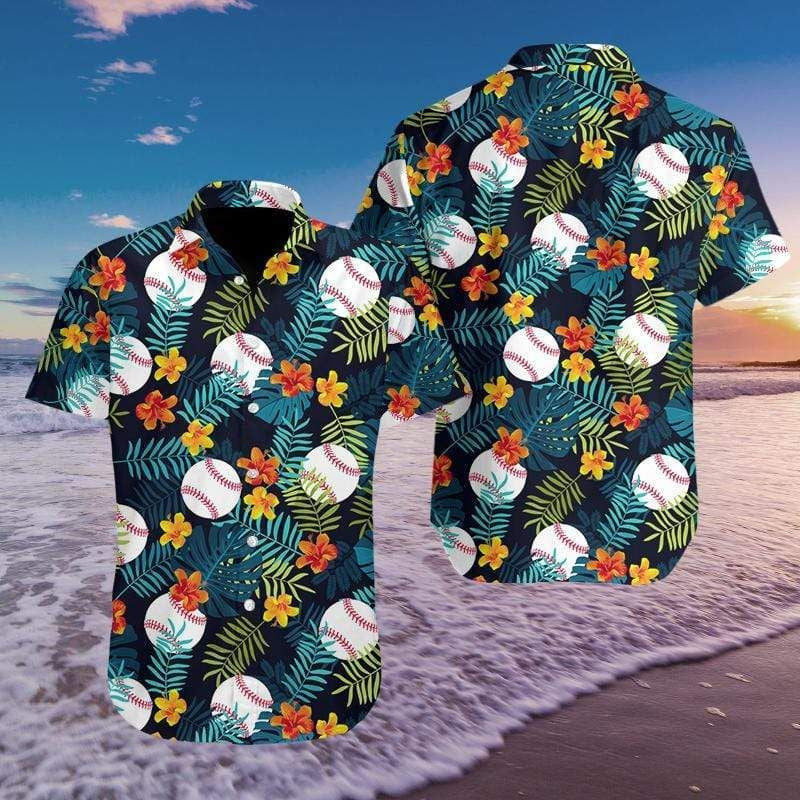 Theme Baseball Simple And Hibiscus Hawaiian Shirt,Hawaiian Shirt Gift, Christmas Gift