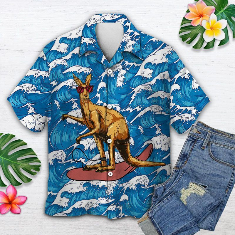 Red Glasses Kangaroo Surfing On Ocean Waves Pattern Hawaiian Shirt, Hawaiian Shirt Gift, Christmas Gift