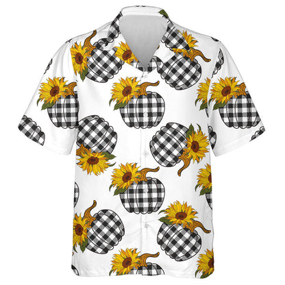 Farmhouse Sunflowers Plaid Pumpkin Illustration On White Background Hawaiian Shirt, Hawaiian Shirt Gift, Christmas Gift