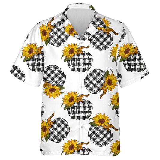 Farmhouse Sunflowers Plaid Pumpkin Illustration On White Background Hawaiian Shirt, Hawaiian Shirt Gift, Christmas Gift