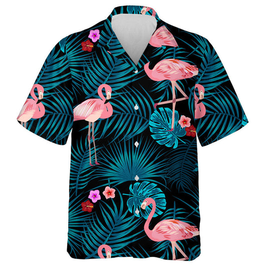 Blue Tropical Leaves Flamingo And Flowers Hawaiian Shirt, Hawaiian For Gift