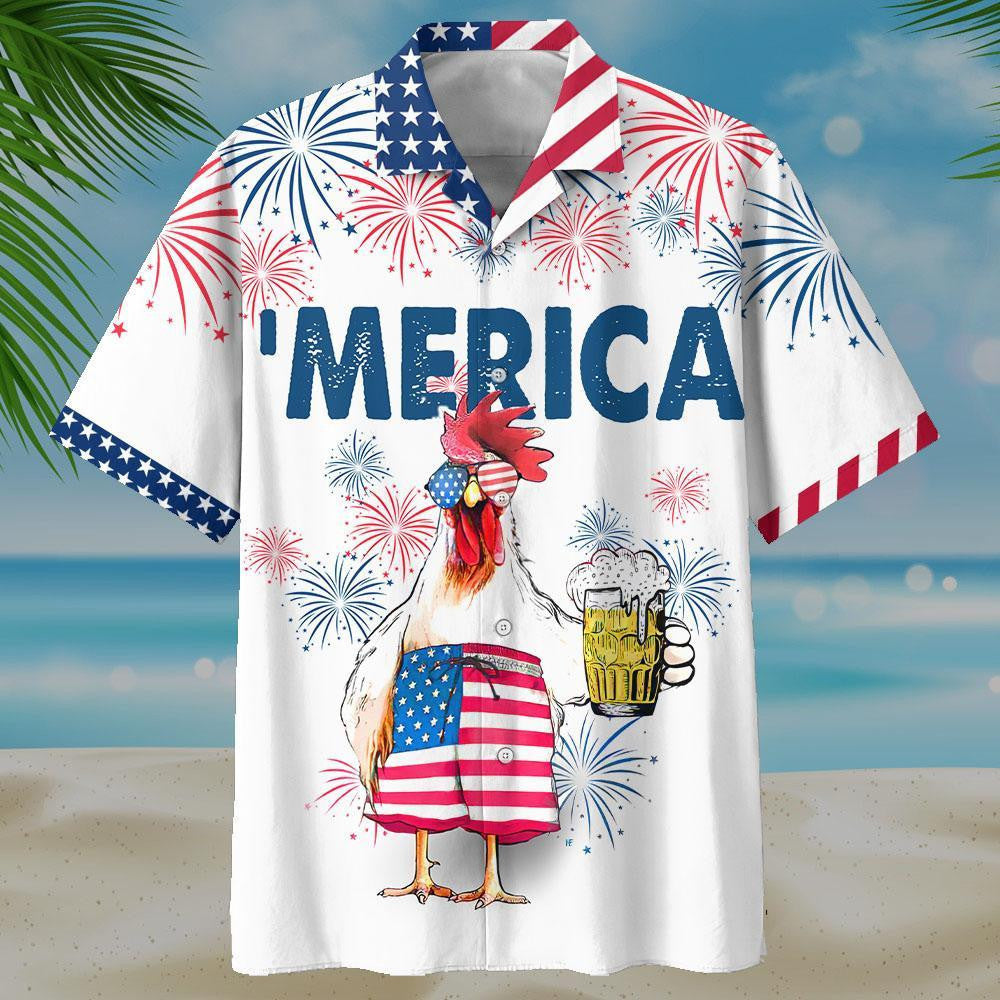 Famille Chicken Beer On White Background Pattern Hawaiian Shirt, Hawaiian Shirt Gift, Christmas Gift
