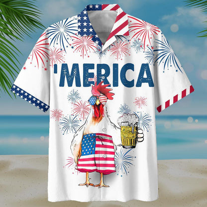 Famille Chicken Beer On White Background Pattern Hawaiian Shirt, Hawaiian Shirt Gift, Christmas Gift