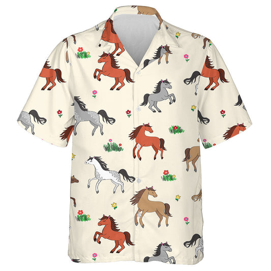 Beautiful Farm Countryside Different Breeds Horses Among Flowers Hawaiian Shirt, Hawaiian Shirt Gift, Christmas Gift