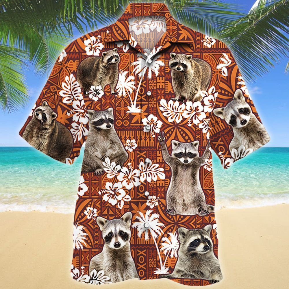 Funny Raccoon On Red Tribal Pattern Hawaiian Shirt,Hawaiian Shirt Gift, Christmas Gift