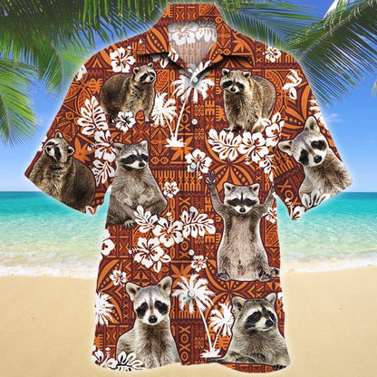 Funny Raccoon On Red Tribal Pattern Hawaiian Shirt,Hawaiian Shirt Gift, Christmas Gift