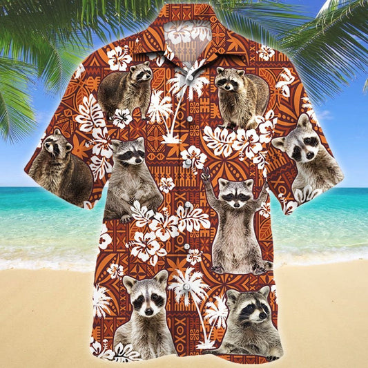Funny Raccoon On Red Tribal Pattern Hawaiian Shirt,Hawaiian Shirt Gift, Christmas Gift