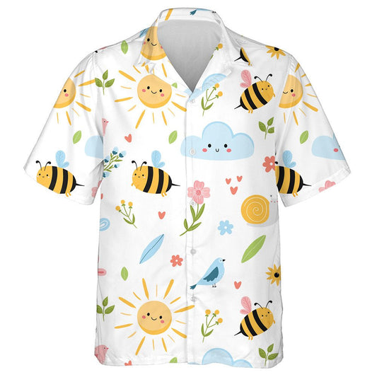 Watercolor Bees Cloud Birds And Flowers In Sunday Hawaiian Shirt, Hawaiian Shirt Gift, Christmas Gift